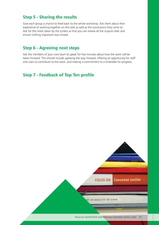 Step 5 - Sharing the results
Give each group a chance to feed back to the whole workshop. Ask them about their
experience of working together on this task as well as the conclusions they came to.
Ask for the notes taken by the scribes so that you can review all the outputs later and
ensure nothing important was missed.
Step 6 - Agreeing next steps
Ask the members of your core team to speak for five minutes about how the work will be
taken forward. This should include agreeing the way forward, offering an opportunity for staff
and users to contribute to the work; and making a commitment to a timetable for progress.
Step 7 - Feedback of Top Ten profile
Focus on normal birth and reducing Caesarean section rates 41
Focus_On_Caesarean_16April10:Layout 1 10/6/10 16:35 Page 41
 