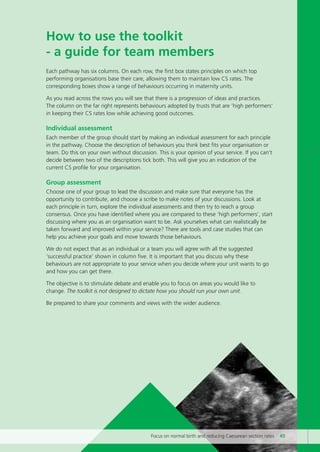 Each pathway has six columns. On each row, the first box states principles on which top
performing organisations base their care, allowing them to maintain low CS rates. The
corresponding boxes show a range of behaviours occurring in maternity units.
As you read across the rows you will see that there is a progression of ideas and practices.
The column on the far right represents behaviours adopted by trusts that are ‘high performers’
in keeping their CS rates low while achieving good outcomes.
Individual assessment
Each member of the group should start by making an individual assessment for each principle
in the pathway. Choose the description of behaviours you think best fits your organisation or
team. Do this on your own without discussion. This is your opinion of your service. If you can’t
decide between two of the descriptions tick both. This will give you an indication of the
current CS profile for your organisation.
Group assessment
Choose one of your group to lead the discussion and make sure that everyone has the
opportunity to contribute, and choose a scribe to make notes of your discussions. Look at
each principle in turn, explore the individual assessments and then try to reach a group
consensus. Once you have identified where you are compared to these ‘high performers’, start
discussing where you as an organisation want to be. Ask yourselves what can realistically be
taken forward and improved within your service? There are tools and case studies that can
help you achieve your goals and move towards those behaviours.
We do not expect that as an individual or a team you will agree with all the suggested
‘successful practice’ shown in column five. It is important that you discuss why these
behaviours are not appropriate to your service when you decide where your unit wants to go
and how you can get there.
The objective is to stimulate debate and enable you to focus on areas you would like to
change. The toolkit is not designed to dictate how you should run your own unit.
Be prepared to share your comments and views with the wider audience.
How to use the toolkit
- a guide for team members
Focus on normal birth and reducing Caesarean section rates 45
Focus_On_Caesarean_16April10:Layout 1 10/6/10 16:35 Page 45
 