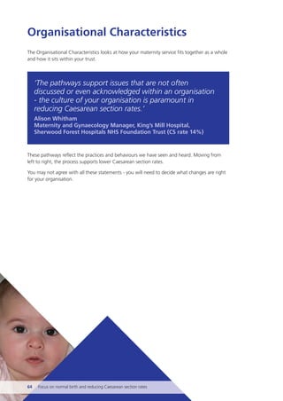 Organisational Characteristics
The Organisational Characteristics looks at how your maternity service fits together as a whole
and how it sits within your trust.
‘The pathways support issues that are not often
discussed or even acknowledged within an organisation
- the culture of your organisation is paramount in
reducing Caesarean section rates.’
Alison Whitham
Maternity and Gynaecology Manager, King’s Mill Hospital,
Sherwood Forest Hospitals NHS Foundation Trust (CS rate 14%)
These pathways reflect the practices and behaviours we have seen and heard. Moving from
left to right, the process supports lower Caesarean section rates.
You may not agree with all these statements - you will need to decide what changes are right
for your organisation.
64 Focus on normal birth and reducing Caesarean section rates
Focus_On_Caesarean_16April10:Layout 1 10/6/10 16:35 Page 64
 