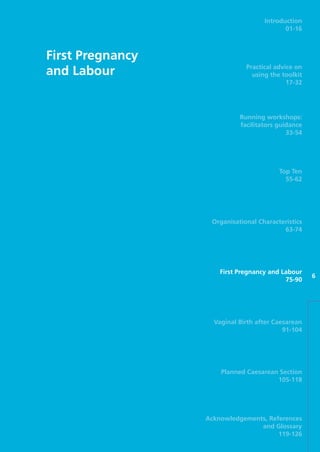 First Pregnancy
and Labour
6
Introduction
01-16
Practical advice on
using the toolkit
17-32
Running workshops:
facilitators guidance
33-54
Top Ten
55-62
Organisational Characteristics
63-74
First Pregnancy and Labour
75-90
Vaginal Birth after Caesarean
91-104
Planned Caesarean Section
105-118
Acknowledgements, References
and Glossary
119-126
Focus_On_Caesarean_16April10:Layout 1 10/6/10 16:35 Page 75
 