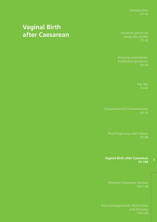 Vaginal Birth
after Caesarean
7
Introduction
01-16
Practical advice on
using the toolkit
17-32
Running workshops:
facilitators guidance
33-54
Top Ten
55-62
Organisational Characteristics
63-74
First Pregnancy and Labour
75-90
Vaginal Birth after Caesarean
91-104
Planned Caesarean Section
105-118
Acknowledgements, References
and Glossary
119-126
Focus_On_Caesarean_16April10:Layout 1 10/6/10 16:36 Page 91
 