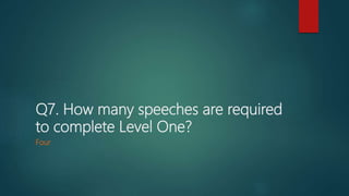 Q7. How many speeches are required
to complete Level One?
Four
 