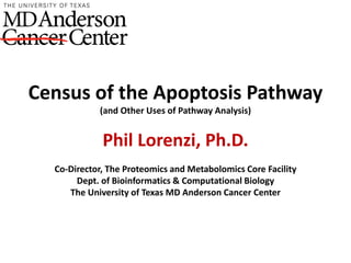 Census of the Apoptosis Pathway
(and Other Uses of Pathway Analysis)
Phil Lorenzi, Ph.D.
Co-Director, The Proteomics and Metabolomics Core Facility
Dept. of Bioinformatics & Computational Biology
The University of Texas MD Anderson Cancer Center
 