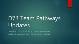 D73 Team Pathways
Updates
CAROLE MCCULLOCH, MICHELLE K. SMITH, AMIT MEWAR,
CHRISTINA BARBONIO, TRACY GREEN, WENDY UPASENA,
 