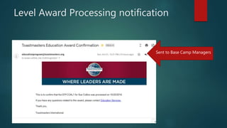 Level Award Processing notification
Sent to Base Camp Managers
 