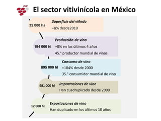 El sector vitivinícola en México
22
Superficie del viñedo
+8% desde2010
Producción de vino
+8% en los últimos 4 años
45.° productor mundial de vinos
Consumo de vino
+184% desde 2000
35.° consumidor mundial de vino
Importaciones de vino
Han cuadruplicado desde 2000
Exportaciones de vino
Han duplicado en los últimos 10 años
32 000 ha
194 000 hl
895 000 hl
681 000 hl
12 000 hl
 