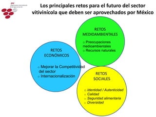 o Mejorar la Competitividad
del sector
o Internacionalización
RETOS
ECONÓMICOS
o Preocupaciones
medioambientales
o Recursos naturales
RETOS
MEDIOAMBIENTALES
o Identidad / Autenticidad
o Calidad
o Seguridad alimentaria
o Diversidad
RETOS
SOCIALES
Los principales retos para el futuro del sector
vitivinícola que deben ser aprovechados por México
 