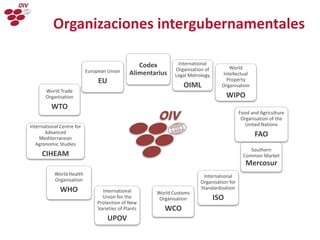Organizaciones intergubernamentales
International
Union for the
Protection of New
Varieties of Plants
UPOV
World Health
Organisation
WHO
International Centre for
Advanced
Mediterranean
Agronomic Studies
CIHEAM
World Trade
Organisation
WTO
European Union
EU
Codex
Alimentarius
International
Organisation of
Legal Metrology
OIML
World
Intellectual
Property
Organisation
WIPO
Food and Agriculture
Organisation of the
United Nations
FAO
Southern
Common Market
Mercosur
International
Organisation for
Standardisation
ISO
World Customs
Organisation
WCO
 