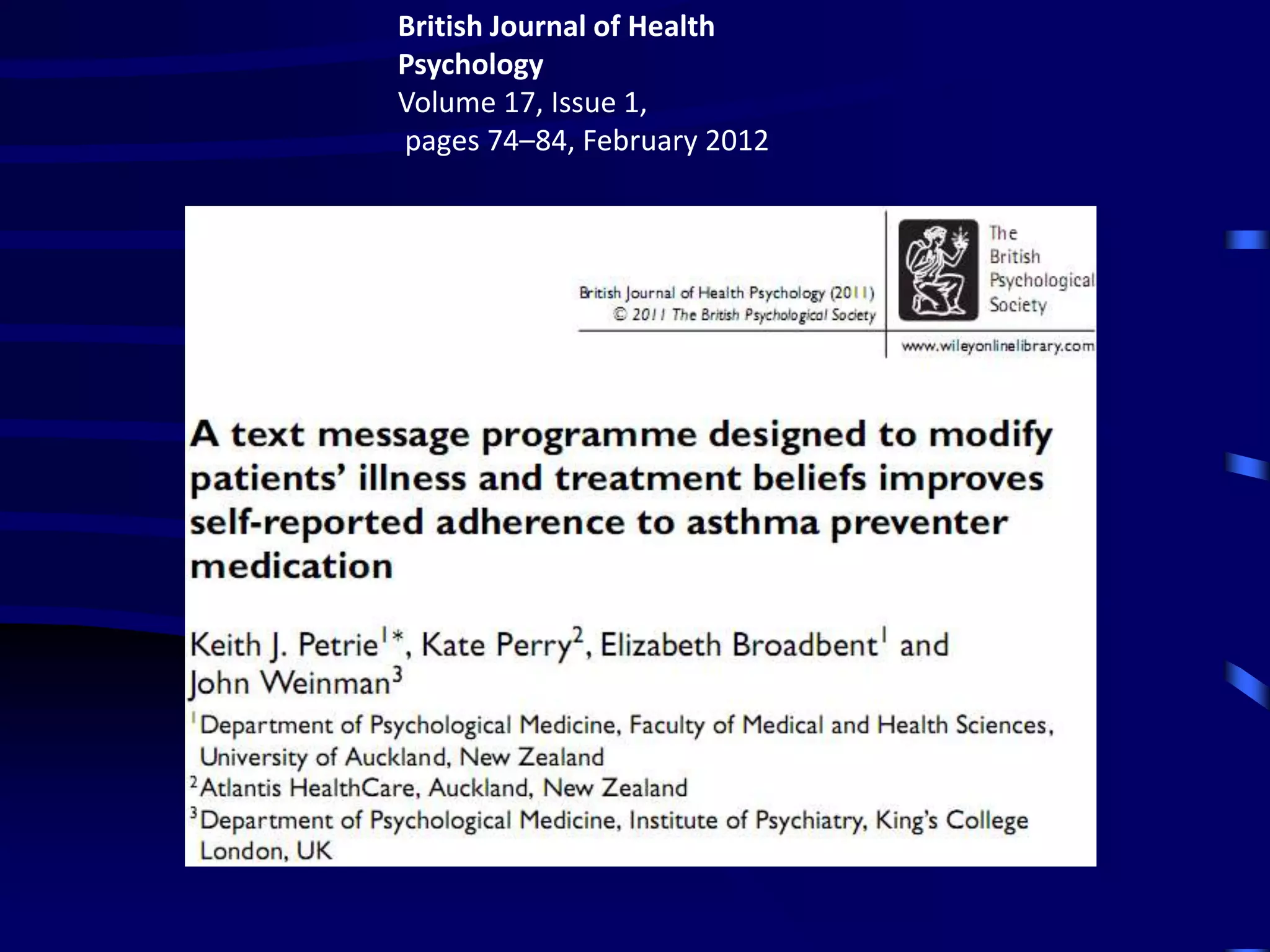 British Journal of Health
Psychology
Volume 17, Issue 1,
pages 74–84, February 2012
 