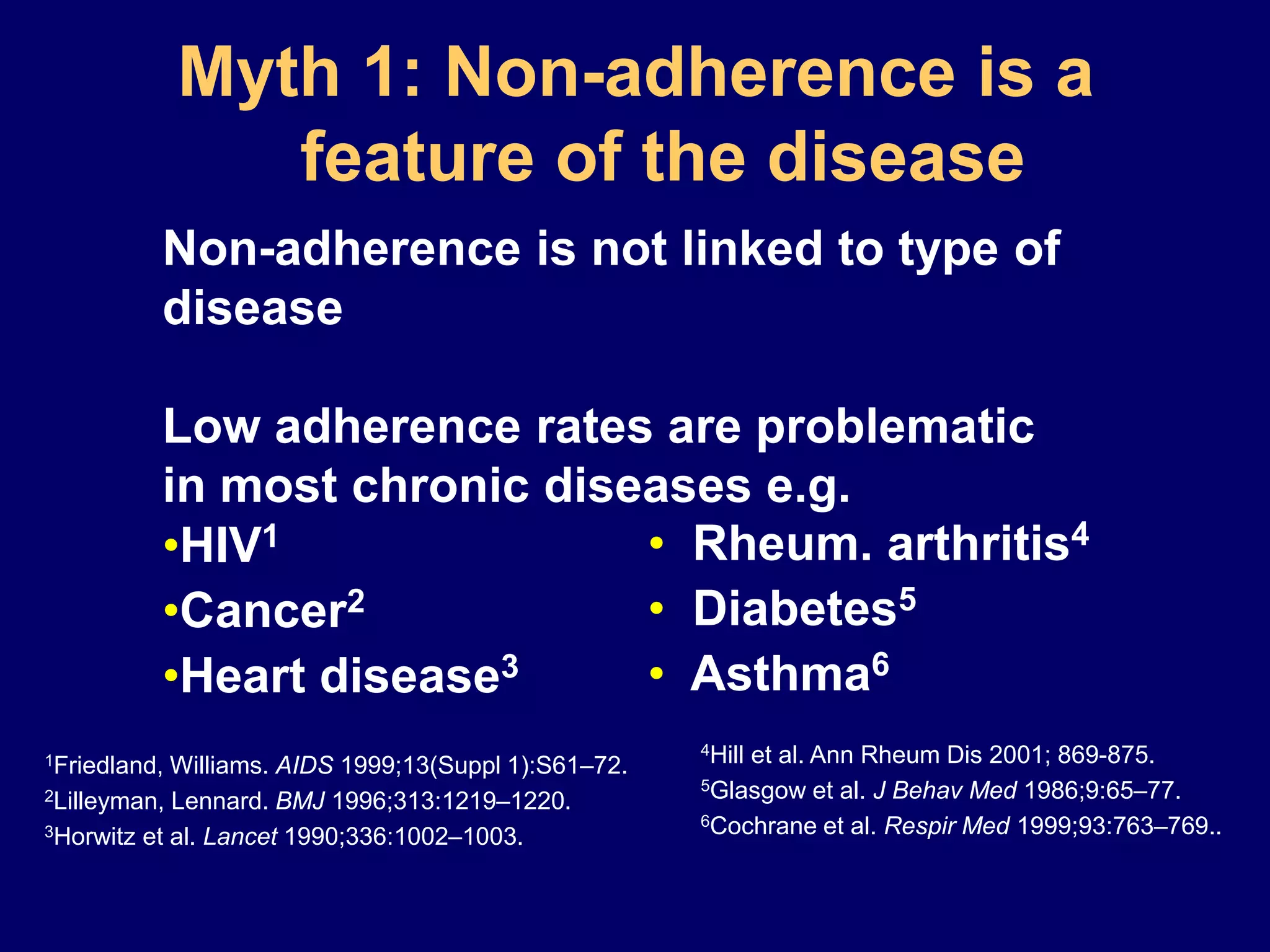 Myth 1: Non-adherence is a
feature of the disease
Non-adherence is not linked to type of
disease
Low adherence rates are problematic
in most chronic diseases e.g.
•HIV1
•Cancer2
•Heart disease3
1Friedland, Williams. AIDS 1999;13(Suppl 1):S61–72.
2Lilleyman, Lennard. BMJ 1996;313:1219–1220.
3Horwitz et al. Lancet 1990;336:1002–1003.
• Rheum. arthritis4
• Diabetes5
• Asthma6
4Hill et al. Ann Rheum Dis 2001; 869-875.
5Glasgow et al. J Behav Med 1986;9:65–77.
6Cochrane et al. Respir Med 1999;93:763–769..
 