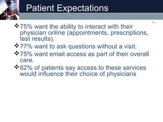 Patient Expectations
75% want the ability to interact with their
physician online (appointments, prescriptions,
test resu...