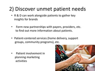 2) Discover unmet patient needs
• R & D can work alongside patients to gather key
insights for brands
• Form new partnerships with payers, providers, etc.
to find out more information about patients.
• Patient-centered services (home delivery, support
groups, community programs), etc.
• Patient involvement in
planning marketing
activities
 