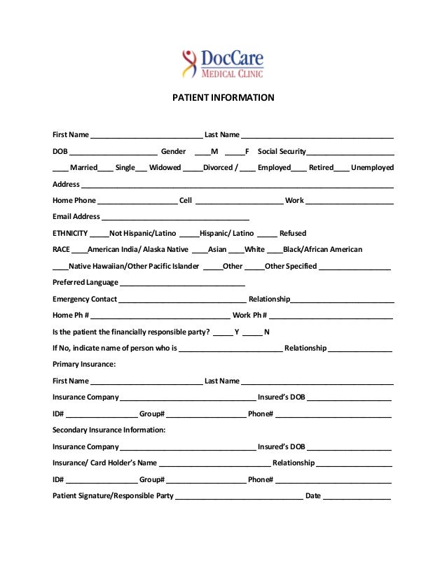 Patient Registration Form Doccare Medical Clinic
