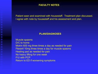 FACULTY NOTES



Patient seen and examined with housestaff. Treatment plan discussed.
I agree with note by housestaff and his assessment and plan.




                     PLAN/DIAGNOSES

Muscle spasms
D/C to home
Motrin 600 mg three times a day as needed for pain
Flexeril 10mg three times a day for muscle spasms
Heating pad as needed for pain
No heavy lifting for one week
F/U with PCP
Return to ED if worsening symptoms
 