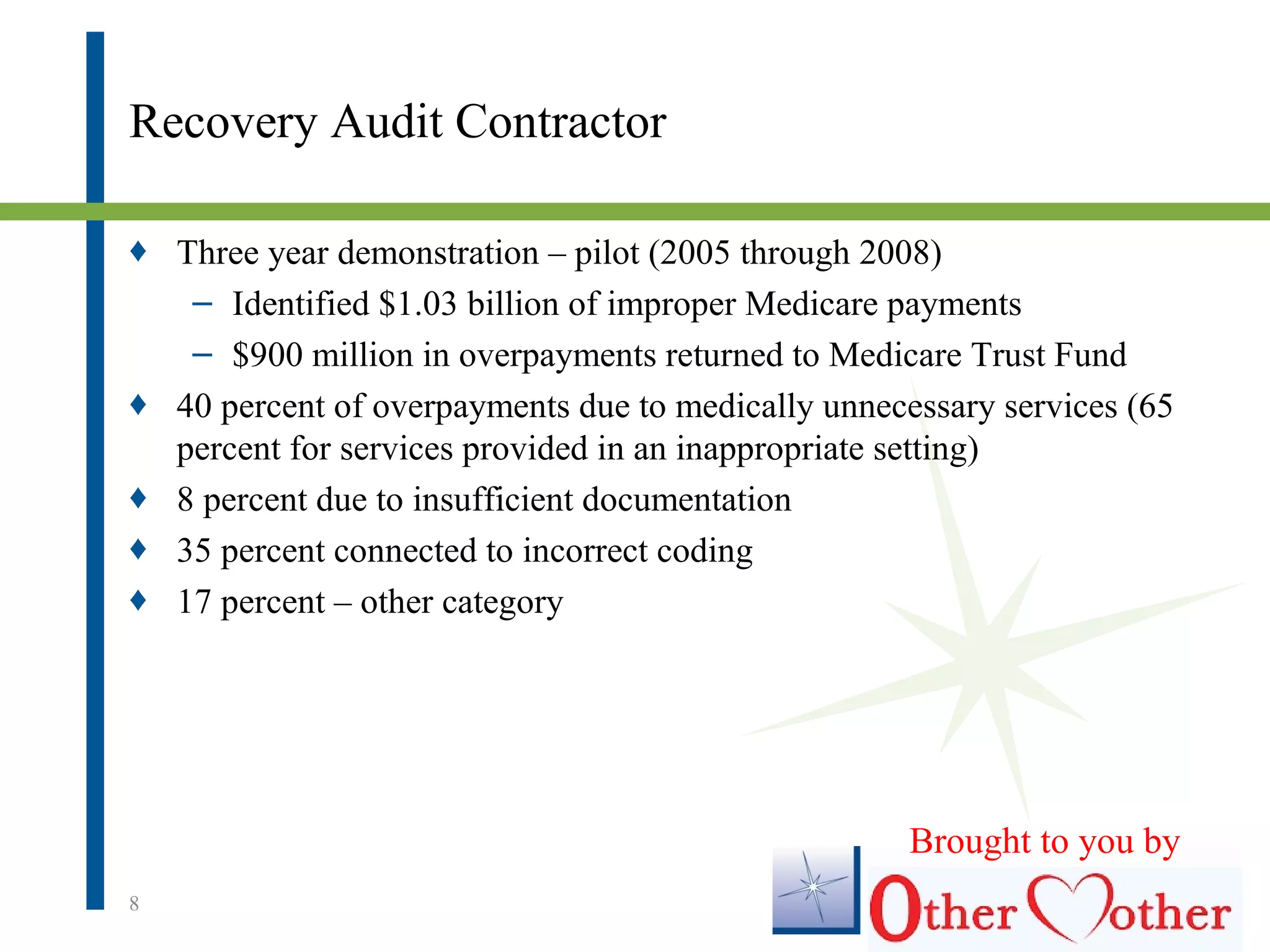 Recovery Audit Contractor
♦ Three year demonstration – pilot (2005 through 2008)
– Identified $1.03 billion of improper Medicare payments
– $900 million in overpayments returned to Medicare Trust Fund
♦ 40 percent of overpayments due to medically unnecessary services (65
percent for services provided in an inappropriate setting)
♦ 8 percent due to insufficient documentation
♦ 35 percent connected to incorrect coding
♦ 17 percent – other category
8
Brought to you by
 