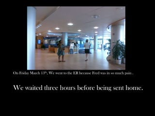 On Friday March 13th, We went to the ER because Fred was in so much pain .
We waited three hours before being sent home.
 