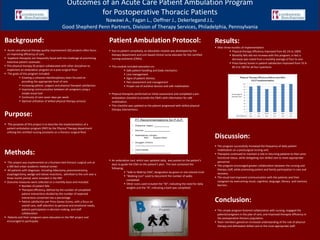 Outcomes of an Acute Care Patient Ambulation Program
                                                              for Postoperative Thoracic Patients
                                                                  Nawawi A., Fagan L., Oeffner J., Dekerlegand J.L.
                                                 Good Shepherd Penn Partners, Division of Therapy Services, Philadelphia, Pennsylvania

Background:                                                                      Patient Ambulation Protocol:                                                       Results:
                                                                                                                                                                     After three months of implementation:
 Acute care physical therapy quality improvement (QI) projects often focus       Due to patient complexity, an education module was developed by the                           Physical therapy efficiency improved from 82.1% to 100%
  on improving efficiency of care.                                                 therapy department and unit-based clinical nurse educator for the certified                   Monthly falls did not increase with this program; in fact a
 Inpatient therapists are frequently faced with the challenge of prioritizing     nursing assistants (CNAs).                                                                     decrease was noted from a monthly average of four to one.
  extensive patient caseloads.                                                                                                                                                   Press Ganey Scores in patient satisfaction improved from 72.9-
 This physical therapy QI project collaborated with other disciplines to         This module included education on:                                                             85.4 to 100 for all four questions.
  implement an ambulation program on a post surgical floor.                                  Safe patient handling and body mechanics
 The goals of this program included:                                                        Line management
             Creating a cohesive interdisciplinary team focused on                          Signs of patient distress
              providing the appropriate level of care                                        Pain assessment and management
             Increasing patient, surgeon and physical therapist satisfaction                Proper use of assistive devices and safe mobilization
             Improving communication between all caregivers using a
              simple visual tool                                                  Physical therapists performed an initial assessment and completed a pre-
             Continuity of care seven days per week                               ambulation checklist to provide the CNA’s with information for safe
             Optimal utilization of skilled physical therapy services             mobilization.
                                                                                  This checklist was updated as the patient progressed with skilled physical
                                                                                   therapy interventions.
Purpose:
 The purpose of this project is to describe the implementation of a
  patient ambulation program (PAP) by the Physical Therapy department
  utilizing the certified nursing assistants on a thoracic surgical floor.
                                                                                                                                                                    Discussion:
                                                                                                                                                                     This program successfully increased the frequency of daily patient
                                                                                                                                                                      mobilization on a postsurgical nursing unit.
Methods:                                                                                                                                                             Therapists continued to maintain a role in returning patients to their prior
                                                                                                                                                                      functional status, while delegating non-skilled care to more appropriate
                                                                                  An ambulation tool, which was updated daily, was posted on the patient’s           personnel.
 This project was implemented on a fourteen bed thoracic surgical unit at
                                                                                   door to guide the CNA on the patient’s plan. The tool contained the               This program encouraged greater collaboration between the nursing and
  a 300 bed urban academic medical center.
                                                                                   following:                                                                         therapy staff, while promoting patient and family participation in care and
 All patients with diagnoses including lobectomy, pneumonectomy,
                                                                                               “Safe to Walk by CNA”, designation by green or red colored circle     recovery.
  esophagectomy, wedge and sleeve resections, admitted to the unit over a
                                                                                               “Walking Icon” used to document the number of walks                  The visual tool improved communication with the patients and their
  three month period, were included in the PAP.
                                                                                                completed                                                             caregivers by overcoming visual, cognitive, language, literacy and memory
 Outcome measures were collected on a monthly basis and included:
                                                                                               Other icons used included the “W”, indicating the need for daily      barriers.
             Number of patient falls
                                                                                                weights and the “B”, indicating a bath was completed
             Therapist efficiency, defined by the number of completed
               patient interactions divided by the number of expected
               interactions converted into a percentage
             Patient satisfaction per Press Ganey Scores, with a focus on                                                                                          Conclusion:
               overall care, staff attention to personal and emotional needs,
               patient participation in decision making, and staff                                                                                                   This simple program fostered collaboration with nursing, engaged the
               collaboration                                                                                                                                          patient/caregivers in the plan of care, and improved therapist efficiency in
 Patients and their caregivers were educated on the PAP project and                                                                                                  the postoperative thoracic population.
  encouraged to participate.                                                                                                                                         Team members gained an increased understanding of the role of physical
                                                                                                                                                                      therapy and delineated skilled care to the most appropriate staff.
 