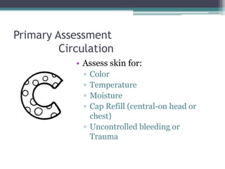 Primary Assessment	Circulation<br />Assess skin for:<br />Color<br />Temperature<br />Moisture<br />Cap Refill (central-on...