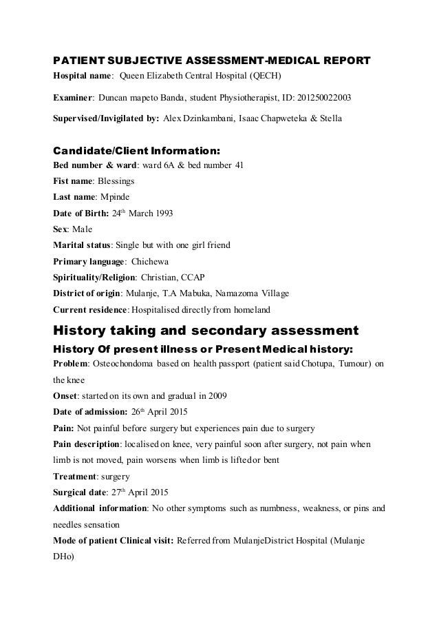 Patient subjective assessment report