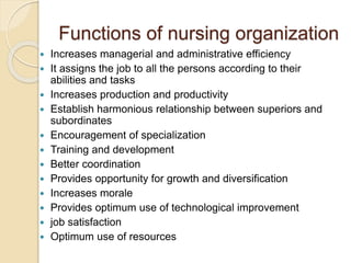 Functions of nursing organization
 Increases managerial and administrative efficiency
 It assigns the job to all the persons according to their
abilities and tasks
 Increases production and productivity
 Establish harmonious relationship between superiors and
subordinates
 Encouragement of specialization
 Training and development
 Better coordination
 Provides opportunity for growth and diversification
 Increases morale
 Provides optimum use of technological improvement
 job satisfaction
 Optimum use of resources
 