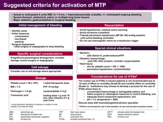 The routine use of rFVIIa in trauma patients is not recommended due to
its lack of effect on mortality (Grade B) and variable effect on morbidity
(Grade C). Institutions may choose to develop a process for the use of
rFVIIa where there is:
− uncontrolled haemorrhage in salvageable patient, and
− failed surgical or radiological measures to control bleeding, and
− adequate blood component replacement, and
− pH > 7.2, temperature > 340C.
Discuss dose with haematologist/transfusion specialist
b rFVIIa is not licensed for use in this situation; all use must be part of practice review.
• Warfarin:
− add vitamin K, prothrombinex/FFP
• Obstetric haemorrhage:
− early DIC often present; consider cryoprecipitate
• Head injury:
− aim for platelet count > 100 × 109/L
− permissive hypotension contraindicated
• Avoid hypothermia, institute active warming
• Avoid excessive crystalloid
• Tolerate permissive hypotension (BP 80–100 mmHg systolic)
until active bleeding controlled
• Do not use haemoglobin alone as a transfusion trigger
• Identify cause
• Initial measures:
- compression
- tourniquet
- packing
• Surgical assessment:
- early surgery or angiography to stop bleeding
If significant physiological derangement, consider
damage control surgery or angiography
Consider use of cell salvage where appropriate
• Actual or anticipated 4 units RBC in < 4 hrs, + haemodynamically unstable, +/– anticipated ongoing bleeding
• Severe thoracic, abdominal, pelvic or multiple long bone trauma
• Major obstetric, gastrointestinal or surgical bleeding
Specific surgical considerations
Resuscitation
Initial management of bleeding
Dosage
Cell salvage
Considerations for use of rFVIIab
Special clinical situations
Suggested criteria for activation of MTP
ABG arterial blood gas FFP fresh frozen plasma APTT activated partial thromboplastin time
INR international normalised ratio BP blood pressure MTP massive transfusion protocol
DIC disseminated intravascular coagulation PT prothrombin time FBC full blood count
RBC red blood cell rFVlla activated recombinant factor VII
Platelet count < 50 x 109/L 1 adult therapeutic dose
INR > 1.5 FFP 15 mL/kga
Fibrinogen < 1.0 g/L cryoprecipitate 3–4 ga
Tranexamic acid loading dose 1 g over 10
min, then infusion of 1 g
over 8 hrs
a Local transfusion laboratory to advise on number of units
needed to provide this dose
 