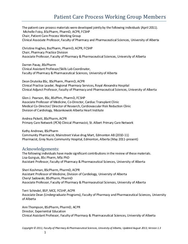 Patient care process faculty of pharmacy alberta 2013