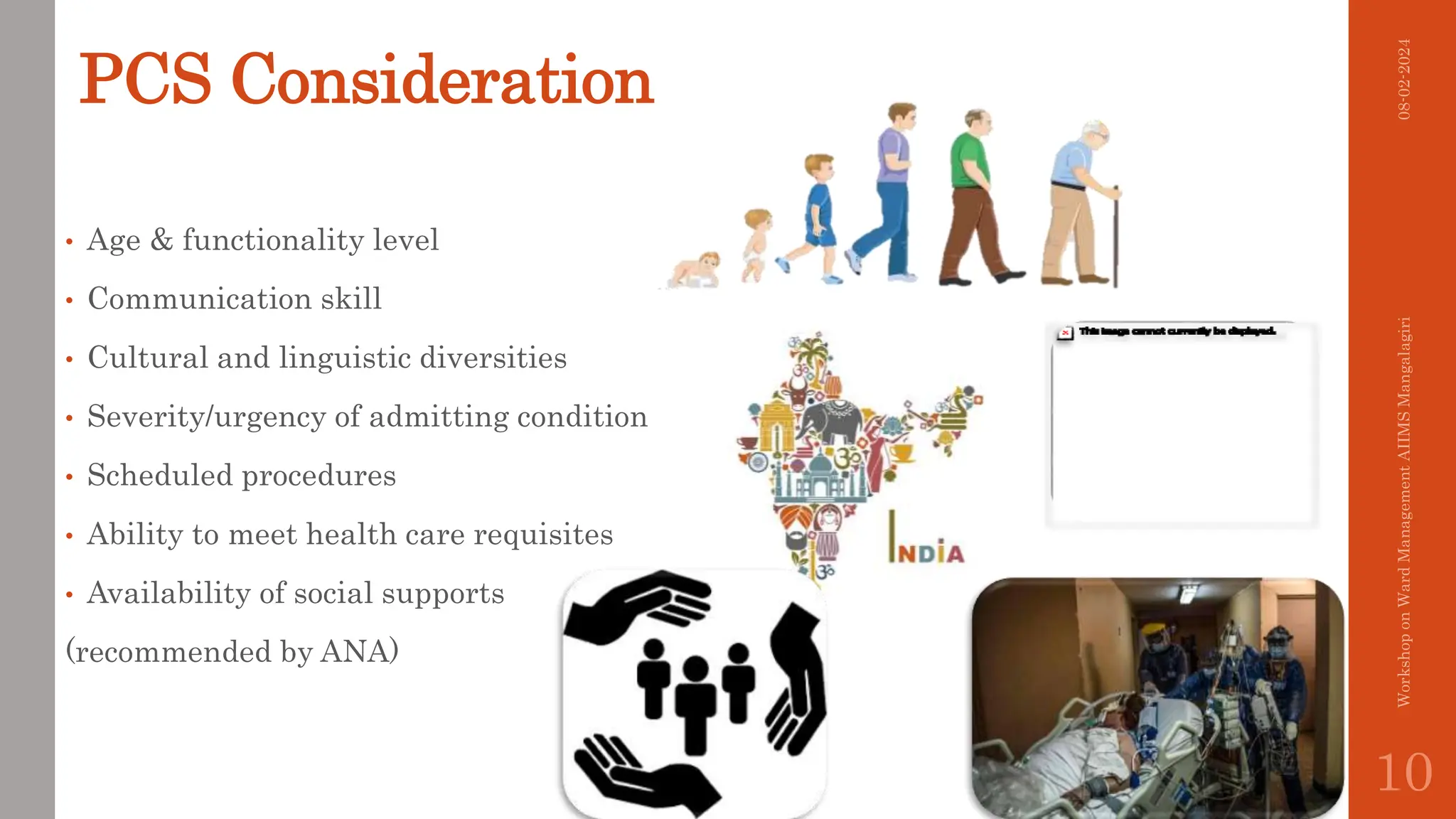 PCS Consideration
• Age & functionality level
• Communication skill
• Cultural and linguistic diversities
• Severity/urgency of admitting condition
• Scheduled procedures
• Ability to meet health care requisites
• Availability of social supports
(recommended by ANA)
08-02-2024
Workshop
on
Ward
Management
AIIMS
Mangalagiri
10
 