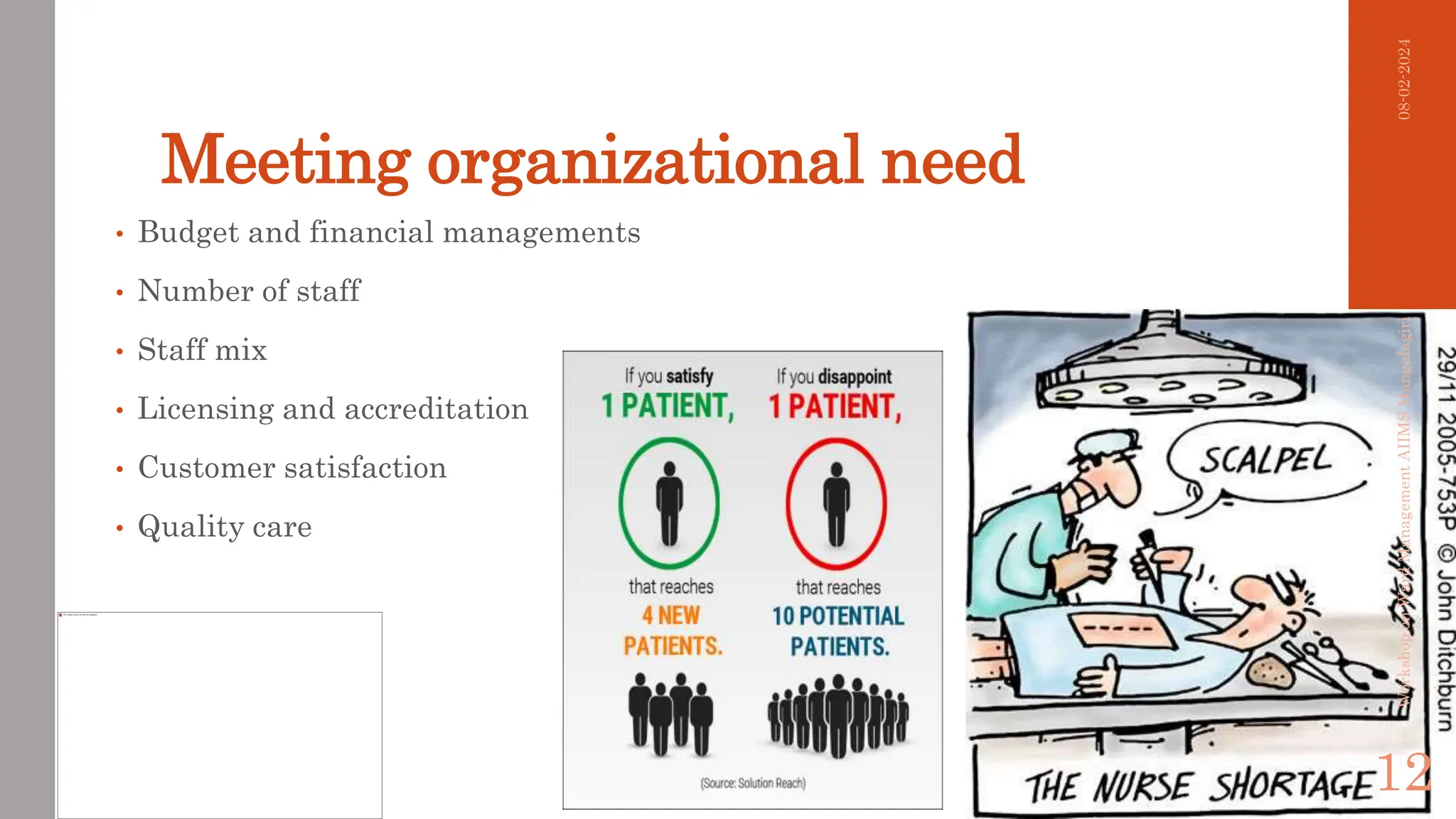 Meeting organizational need
• Budget and financial managements
• Number of staff
• Staff mix
• Licensing and accreditation
• Customer satisfaction
• Quality care
08-02-2024
Workshop
on
Ward
Management
AIIMS
Mangalagiri
12
 
