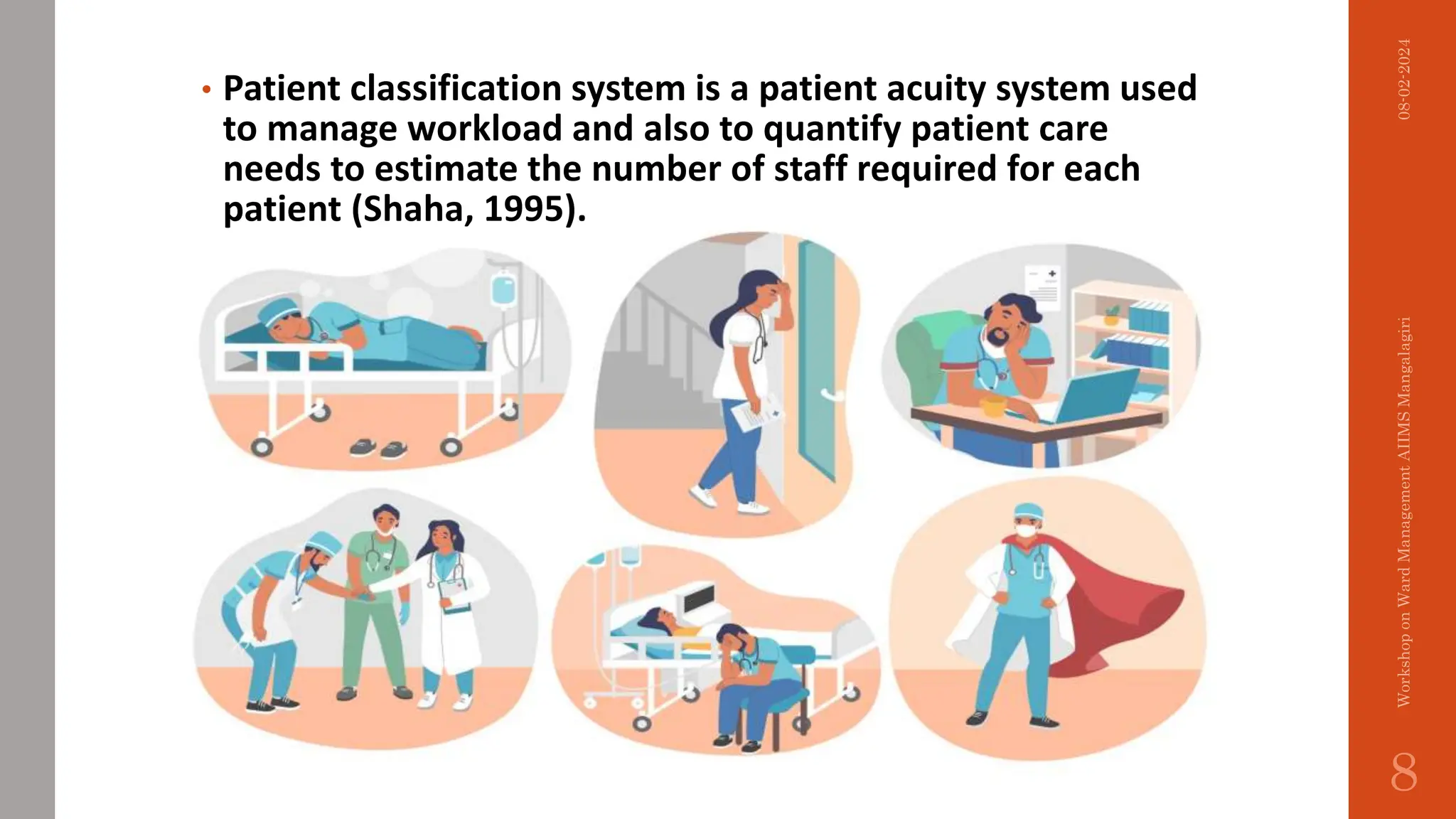 • Patient classification system is a patient acuity system used
to manage workload and also to quantify patient care
needs to estimate the number of staff required for each
patient (Shaha, 1995).
08-02-2024
Workshop
on
Ward
Management
AIIMS
Mangalagiri
8
 