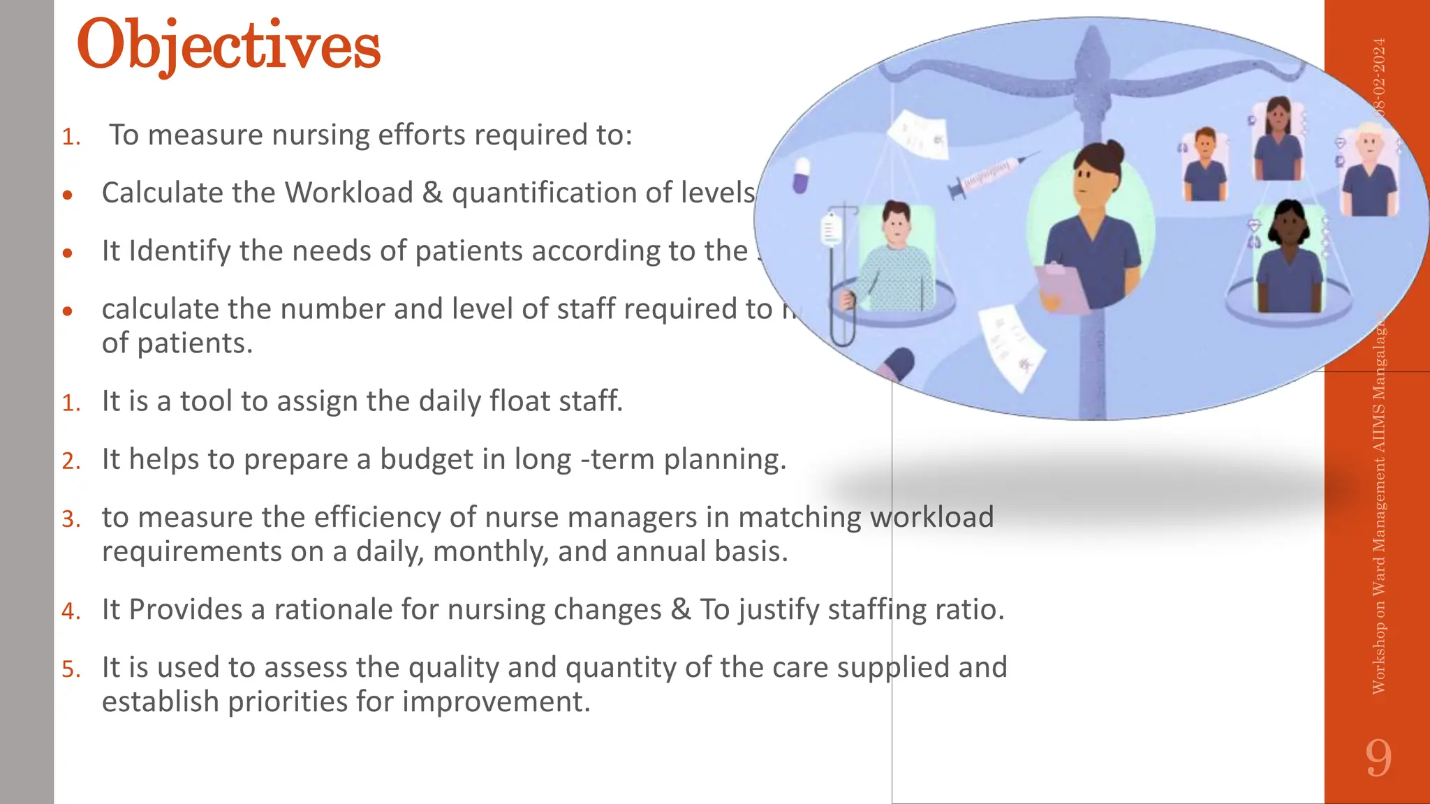 Objectives
1. To measure nursing efforts required to:
 Calculate the Workload & quantification of levels of care
 It Identify the needs of patients according to the severity of their illness.
 calculate the number and level of staff required to meet the diverse needs
of patients.
1. It is a tool to assign the daily float staff.
2. It helps to prepare a budget in long -term planning.
3. to measure the efficiency of nurse managers in matching workload
requirements on a daily, monthly, and annual basis.
4. It Provides a rationale for nursing changes & To justify staffing ratio.
5. It is used to assess the quality and quantity of the care supplied and
establish priorities for improvement.
08-02-2024
Workshop
on
Ward
Management
AIIMS
Mangalagiri
9
 
