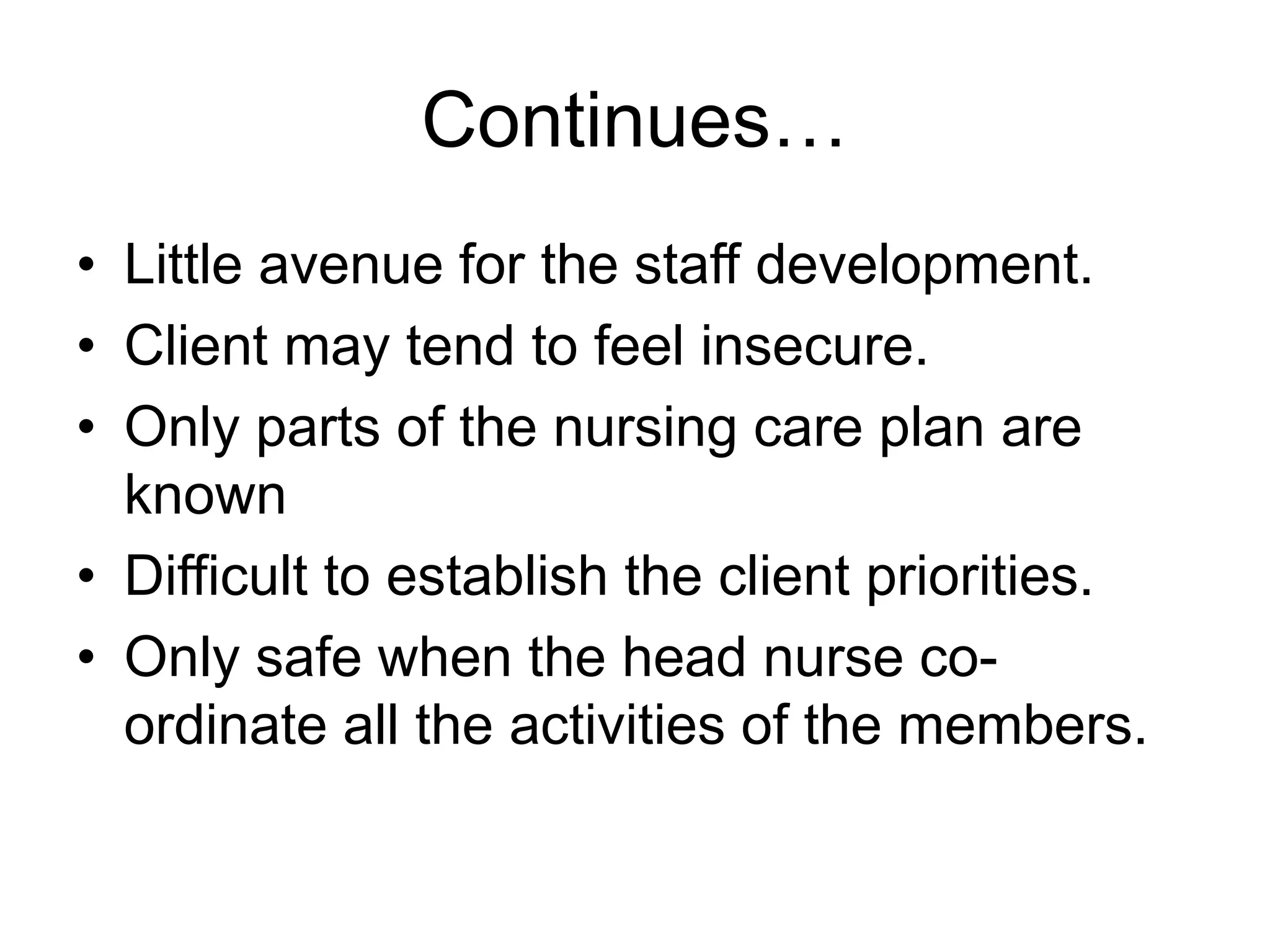 Continues…
• Little avenue for the staff development.
• Client may tend to feel insecure.
• Only parts of the nursing care plan are
known
• Difficult to establish the client priorities.
• Only safe when the head nurse co-
ordinate all the activities of the members.
 