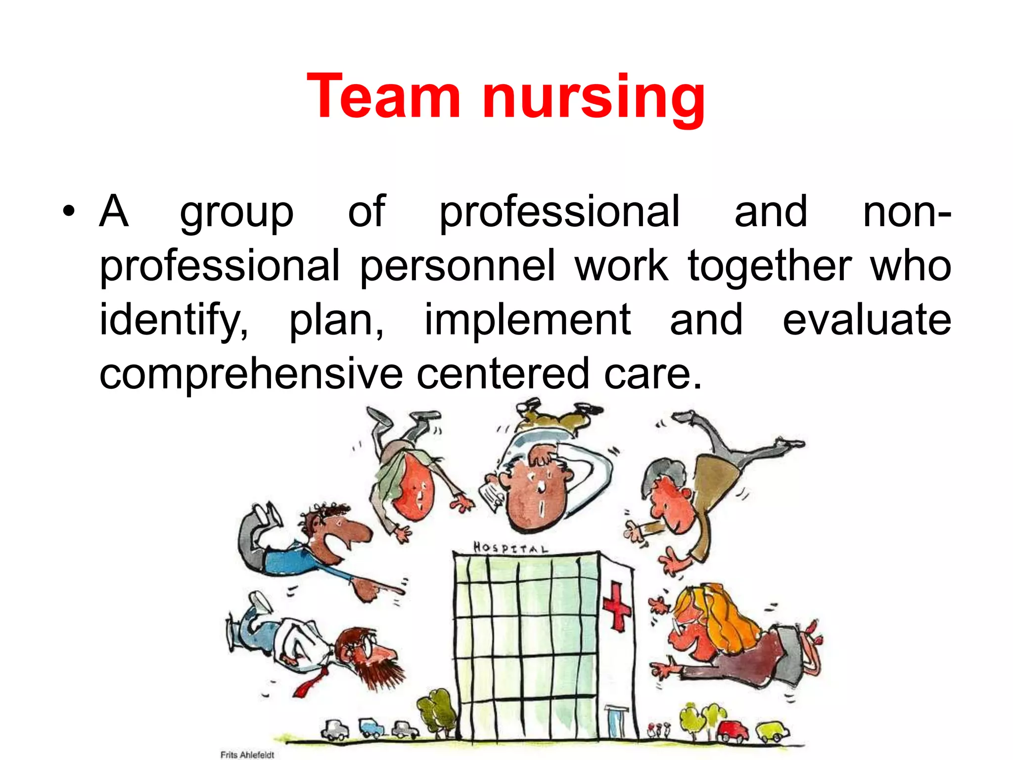 Team nursing
• A group of professional and non-
professional personnel work together who
identify, plan, implement and evaluate
comprehensive centered care.
 