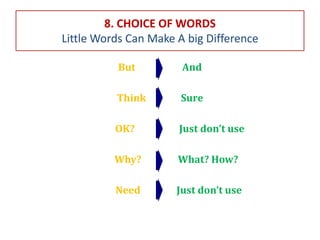 8. CHOICE OF WORDS
Little Words Can Make A big Difference
But And
Think Sure
OK? Just don’t use
Why? What? How?
Need Just don’t use
 