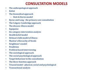 CONSULTATION MODELS
• The anthropological approach
• Balint
• The biomedical approach
– Stott & Davies model
• Byrne and Long - the primary care consultation
• The Calgary-Cambridge approach
• The disease-illness model
• Equipoise
• Six category intervention analysis
• Health belief model
• Helman's folk model of illness
• Maslow’s Hierarchy of Needs
• Neighbour’s model
• Pendleton
• Problem based interviewing
• The sociological approach
• The social-psychological approach
• Target behaviour in the consultation
• The three function approach
• Triaxial model - physical, social and psychological
• Transactional analysis
 