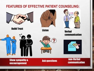 FEATURES OF EFFECTIVE PATIENT COUNSELING:
Build Trust
Listen Verbal
communication
non-Verbal
communication
Ask questions
Show sympathy &
encouragement
 