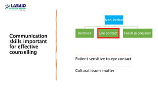 Communication
skills important
for effective
counselling
Patient sensitive to eye contact
Cultural issues matter
Non-Verbal
Distance Eye contact Facial expression
 