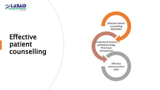 Effective
patient
counselling
Effective Patient
counselling
REQUIRES
Understand disease,
pathophysiology,
Pharmaco-
therapeutics
Effective
communication
skills
 