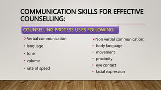 COMMUNICATION SKILLS FOR EFFECTIVE
COUNSELLING:
Verbal communication:
• language
• tone
• volume
• rate of speed
Non verbal communication:
• body language
• movement
• proximity
• eye contact
• facial expression
COUNSELLING PROCESS USES FOLLOWING:
 