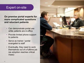 Expert on-site
On premise portal experts for
more complicated questions
and reluctant patients
• Can demonstrate portal use
while patients are in-office
• Provide limited phone support
to patients
• Serve as trainer / portal
evangelist to staff
• Eventually, they need to work
themselves out of a fulltime job
(as adoption reaches critical
mass)
25
 