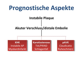 Prognostische Aspekte KHK Instabile AP Myokardinfarkt Karotisstenose TIA/PRIND Schlaganfall pAVK Claudicatio Ruheschmerz Instabile Plaque Akuter Verschluss/distale Embolie 