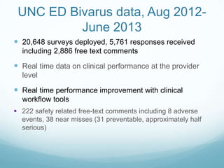 UNC ED Bivarus data, Aug 2012-
June 2013
 20,648 surveys deployed, 5,761 responses received
including 2,886 free text comments
 Real time data on clinical performance at the provider
level
 Real time performance improvement with clinical
workflow tools
 222 safety related free-text comments including 8 adverse
events, 38 near misses (31 preventable, approximately half
serious)
 
