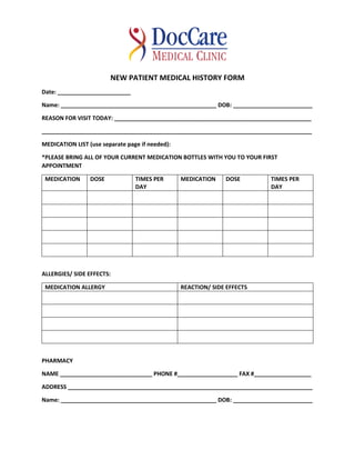 Patient history form - Doccare Medical Clinic