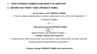 1. WHAT {PRODUCT NAME} IS AND WHAT IT IS USED FOR
2. BEFORE YOU <TAKE> <USE> {PRODUCT NAME}
• Do not <take> <use> {PRODUCT NAME}
• <if you are allergic (hypersensitive) to {active substance(s)} or any of the other ingredients of
• {PRODUCT NAME}.>
• <if ...>
• Take special care with {PRODUCT NAME
• if you ...>
• <when ...>
• <Before treatment with {PRODUCT NAME},…>
• <Taking> <Using> other medicines
• <Please tell your health care provider if you are taking or have recently taken any other medicines,
including medicines obtained without a prescription.>
• <Taking> <Using> {PRODUCT NAME} with food and drink
 