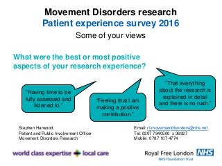 What were the best or most positive
aspects of your research experience?
Stephen Harwood
Patient and Public Involvement Officer
Movement Disorders Research
Email: rf-movementdisorders@nhs.net
Tel: 0207 7940500 x 36927
Mobile: 0787 107 4774
“That everything
about the research is
explained in detail
and there is no rush.”
“Having time to be
fully assessed and
listened to.”
Movement Disorders research
Patient experience survey 2016
Some of your views
“Feeling that I am
making a positive
contribution.”
 