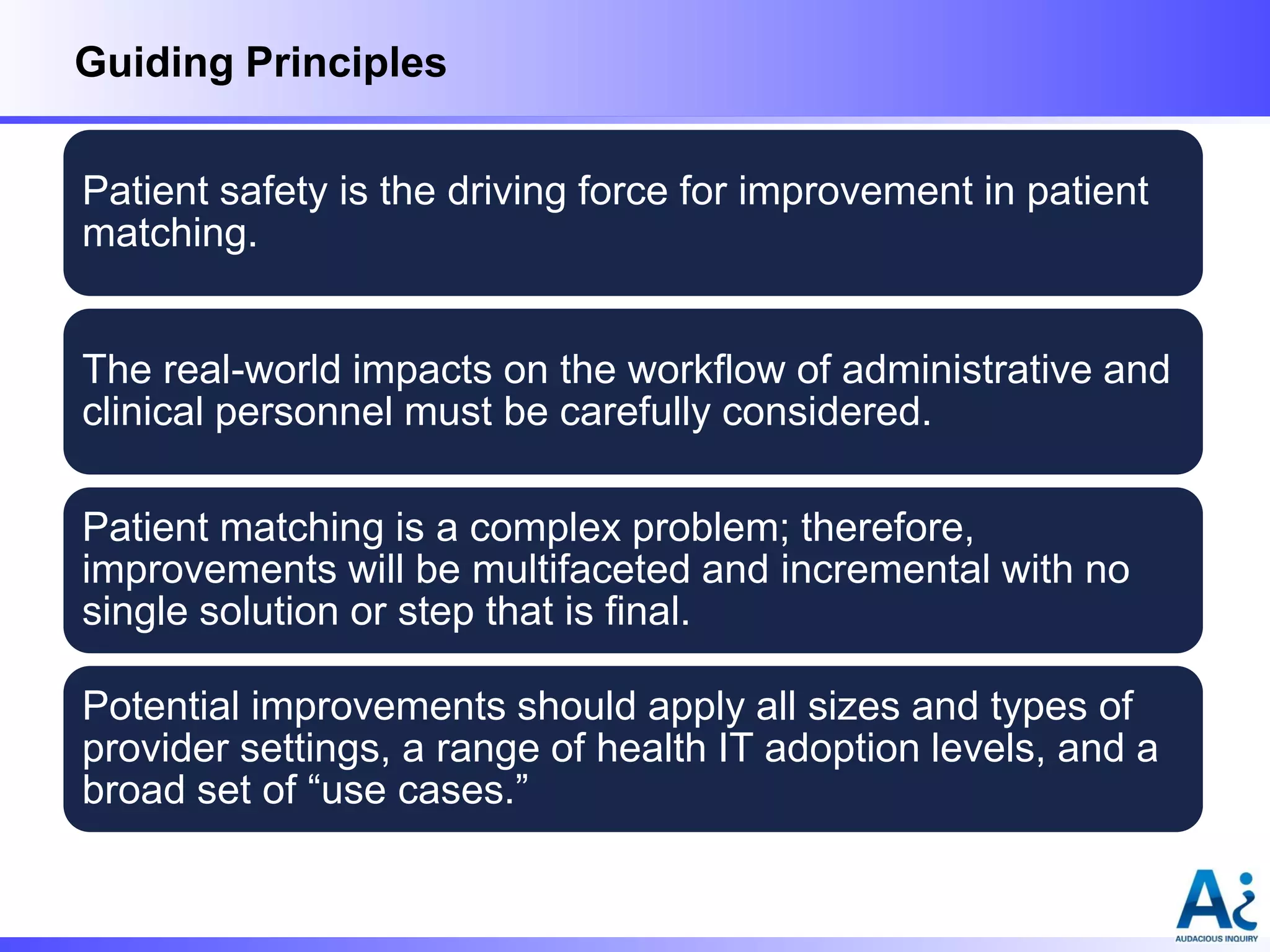 Guiding Principles
Patient safety is the driving force for improvement in patient
matching.

The real-world impacts on the workflow of administrative and
clinical personnel must be carefully considered.
Patient matching is a complex problem; therefore,
improvements will be multifaceted and incremental with no
single solution or step that is final.

Potential improvements should apply all sizes and types of
provider settings, a range of health IT adoption levels, and a
broad set of “use cases.”

 