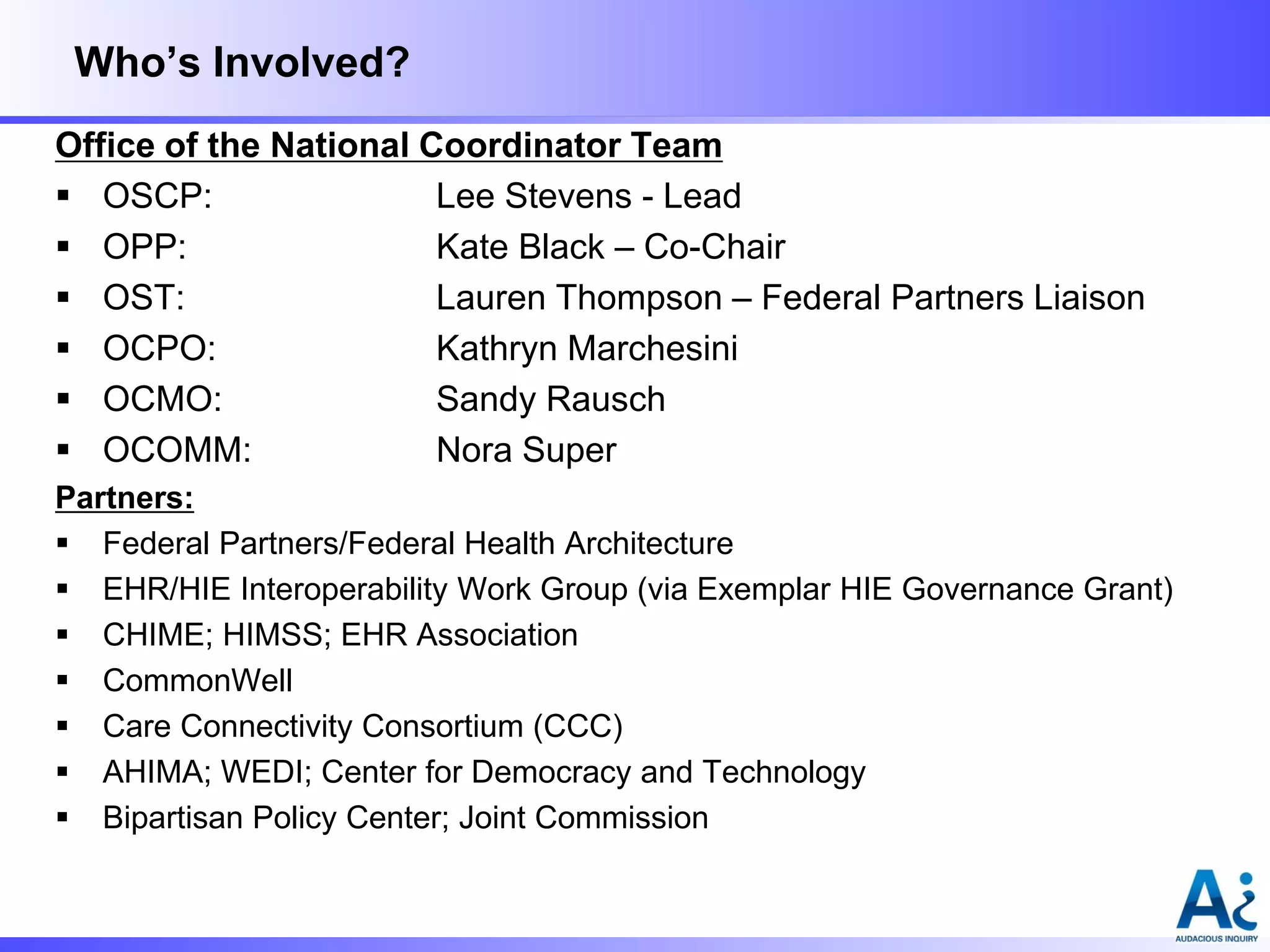 Who’s Involved?
Office of the National Coordinator Team
 OSCP:
Lee Stevens - Lead
 OPP:
Kate Black – Co-Chair
 OST:
Lauren Thompson – Federal Partners Liaison
 OCPO:
Kathryn Marchesini
 OCMO:
Sandy Rausch
 OCOMM:
Nora Super
Partners:
 Federal Partners/Federal Health Architecture
 EHR/HIE Interoperability Work Group (via Exemplar HIE Governance Grant)
 CHIME; HIMSS; EHR Association
 CommonWell
 Care Connectivity Consortium (CCC)
 AHIMA; WEDI; Center for Democracy and Technology
 Bipartisan Policy Center; Joint Commission

 