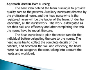Approach Used in T
eam Nursing
The basic idea behind the team nursing is to provide
quality care to the patients. Auxiliary nurses are directed by
the professional nurse, and the head nurse who is the
registered nurse will be the leader of the team. Under her
leadership, all the nurses work. The work is delegated as
per their skill and efficiency and after completing the task
the nurses have to report the care.
The head nurse has to plan the entire care for the
individual before delegating the care to the nurses. The
head nurse has to collect the complete details of the
patients, and based on the skill and efficiency, the head
nurse has to categorize the care, taking into account the
needs and workload.
 