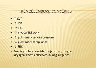 TRENDELENBURG CONCERNS
• ↑ CVP
• ↑ ICP
• ↑ IOP
• ↑ myocardial work
• ↑ pulmonary venous pressure
• ↓ pulmonary compliance
• ↓ FRC
• Swelling of face, eyelids, conjunctiva , tongue,
laryngeal edema observed in long surgeries
 