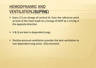 HEMODYNAMIC AND
VENTILATION.(SUPINE)
• Every 2.5 cm change of vertical ht. from the reference point
at level of the heart leads to a change of MAP by 2 mmHg in
the opposite direction.
• V & Q are best in dependent lungs.
• Positive‐pressure ventilation provides the best ventilation to
non‐dependent lung zones ‐V/Q mismatch.
 