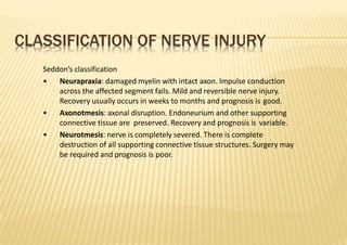 CLASSIFICATION OF NERVE INJURY
Seddon’s classification
• Neurapraxia: damaged myelin with intact axon. Impulse conduction
across the affected segment fails. Mild and reversible nerve injury.
Recovery usually occurs in weeks to months and prognosis is good.
• Axonotmesis: axonal disruption. Endoneurium and other supporting
connective tissue are preserved. Recovery and prognosis is variable.
• Neurotmesis: nerve is completely severed. There is complete
destruction of all supporting connective tissue structures. Surgery may
be required and prognosis is poor.
 